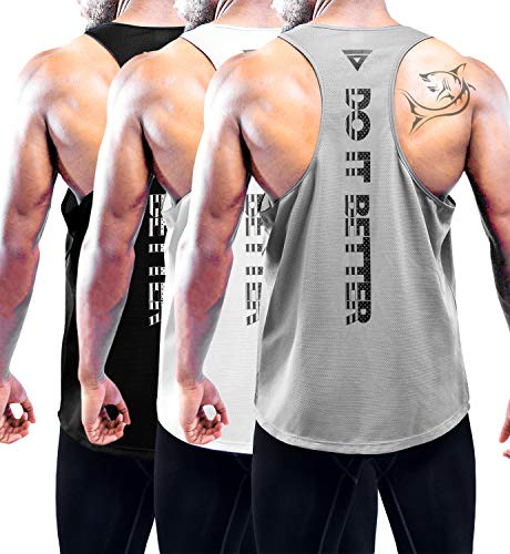Boyzn 3 Pack Tank Tops for Men, Dry-Fit Workout Mesh Fitness Sleeveless T Shirt, Y-Back Athletic Muscle Tank, Quick Dry Gym Vests Top for Running Training Bodybuilding Black/White/Gray-3P01-M