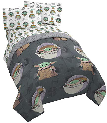 Jay franco StarWars The Mandalorian The Child 4 Piece Twin Bed Set-Includes Reversible Comforter&Sheet Set-Bedding Features Baby Yoda-Super Soft Fade Resistant Microfiber (Official StarWars Product)