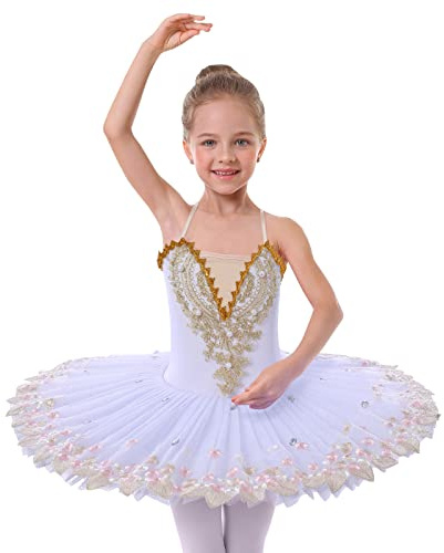 IBAKOM Enfant Filles Robe Ballet Bretelles Spaghetti Danse Déguisement lac des cygnes Dentelle Perlée Camisole Justaucorps Tutu Patinage Artistique Danse Ballerine Tenue