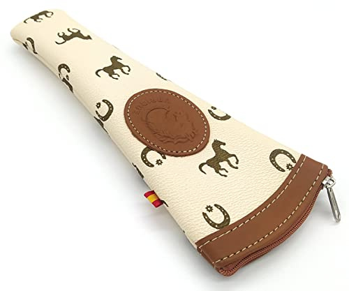 Hispapiel Funda Abanico Piel con Cremallera (24,5 x 9 cm). Porta Abanico Cuero Estuche Protector. Cosido a Mano con Bandera de España. NO Incluye Abanico (Beige)