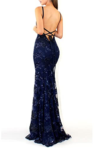NLAVW Vestido de Noche para Mujer, Rosa, Sexy, con Escote en V Profundo, ceñido al Cuerpo, Malla con Abertura, Lentejuelas, Fiesta, graduación, Vestido Formal, Vestidos maduros,Azul,M