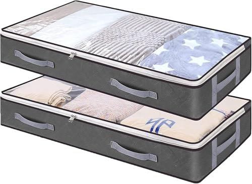 2 Pezzi Contenitori per Armadio Salvaspazio - Scatole per Armadio - Contenitori Sottoletto con Cerniera 100x50x15cm, Comodini Pieghevoli per Abbigliamento, Coperte, Cuscini (Grigio)