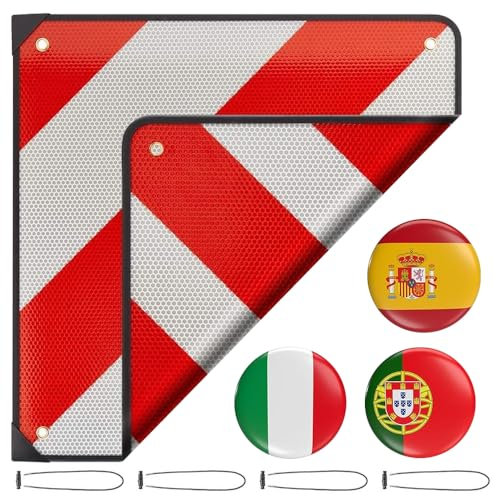 KBIBCK Cartello Carichi Sporgenti Omologato, 50 x 50 cm Segnale di Avvertimento Riflettente in Alluminio, Pannello di Avvertimento 2 in 1 con 4 Cinghie di Fissaggio per Auto Portabici Rimorchio Camper