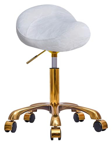 XCRFKGW Sattelhocker Gold Hocker mit Rollen, Rollhocker Höhenverstellbar, PU Leder Komfort Drehhocker, Salon Spa Kosmetik Stuhl, Sattelstuhl Ergonomisch 400lb (Weiß, ohne Rückenlehne)
