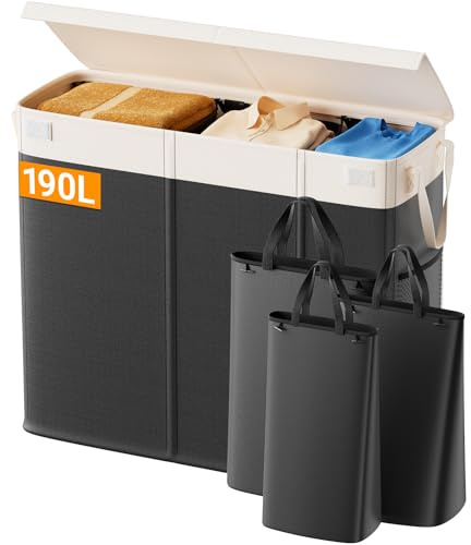 190L Wäschekorb 3 Fächer und 3 Herausnehmbarer Wäschesack, Großer Wäschesammler mit Deckel, Wäschekorb Schwarz, Wäschetonne mit Griffen, Faltbarer Wäschesortierter, Wäschebox, Laundry Baskets