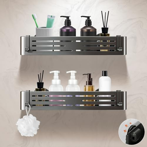 Lekesky Suction Shower caddy, Shower Shelf No Drilling, Aluminum Rustproof Black Bathroom Accessories, Removable Waterproof Bathroom Wall Shelf Shower with 12 Hooks