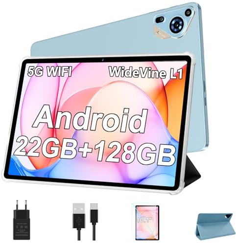 Tablette 10 Pouces Android avec 22 Go RAM + 128 Go ROM(Extensible jusqu'à 1 To), Widevine L1, 8000mAh, Octa-Core, WiFi, GPS, BT 5.0, Corps métallique, Tablette Tactile avec étui de protection, Bleu