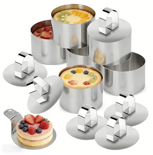 6 Pack Cake Ring Set, 8cm/3 Inch Stainless Steel Seamless Baking Rings with Food Press & Lifter, Cooking Moulds for Crumpets, Mousse, Pastry, Desserts