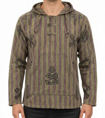 SHOPOHOLIC FASHION Män stentvättad randig hippy farfar skjorta, gRÖN, 4XL