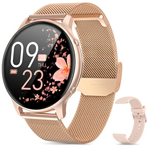 Montre intelligente pour femme, montre intelligente 2022 pour téléphones Android et iPhone avec bracelet en acier inoxydable, étanche 3 ATM, traqueur de fitness avec sommeil, fréquence cardiaque,