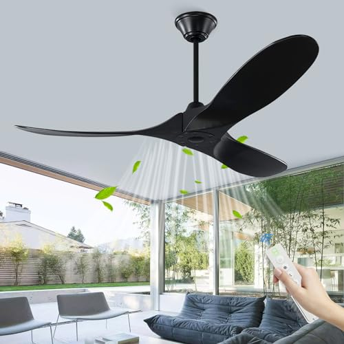 MSHENUED 152cm Schwarzer Deckenventilator ohne Licht, schwarzer Deckenventilator für den Außenbereich, dreiblättriger Deckenventillator mit Fernbedienung, schwarzer Farm-DC