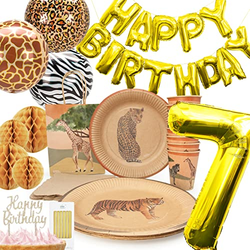 PARTY PARTY 62-teiliges Safari Geburtstagsparty Set 7. Geburtstag, Partygeschirr für 8 Gäste (Pappbecher, Pappteller, Servietten, Tüten, Ballons, Deko), Zootiere, Kindergeburtstag, Geburtstag, Party