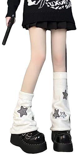 Attria Y2k stjärnmönster stickade benvärmare strumpor punk japansk Kawaii streetwear benskydd för kvinnor knähöga benstrumpor, Vitt, one size