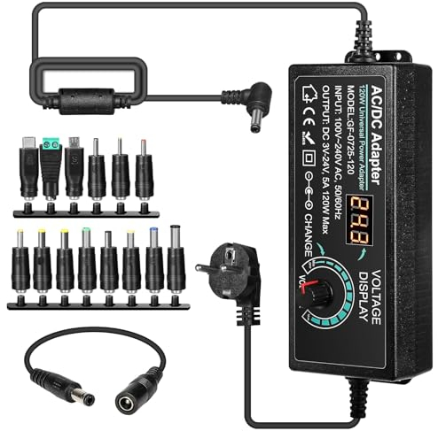 BuyWeek 5A 120W Adaptateur Universel 3V~24V Adaptateur Alimentation Réglable 100V-240V AC vers DC Transformateur avec 14 Embouts DC et Câble de Polarité Inversée pour l'électronique Domestique