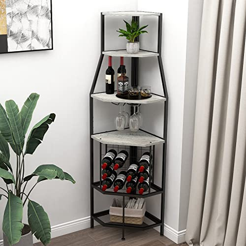VEDECASA Botellero esquinero 5 pisos con soporte para cristal y almacenamiento de vino, estantería industrial para vino, armario para cocina, bar, sótano, comedor, gris