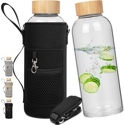 Ferexer 1.5 Litre Large Borosilicate Glass Water Bottle with Bamboo Lid with Neoprene Sleeve 1500 ml / 1.5 L