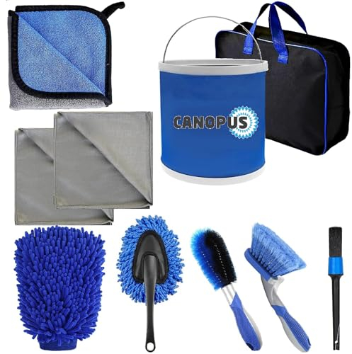 CANOPUS Professional Car Cleaning Kit with Storage Bag 9L Foldable Bucket, Car Washing Kit Detailing Brush Set 9 Pcs Wheel Brush Microfiber Wash Mitt Drying Towel for Dust Remove and Dirty Rim Washing