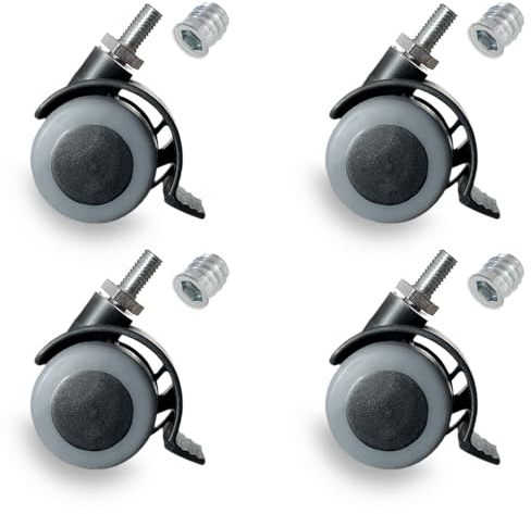 Sämann 4er Set Möbelrolle schwarz Gummirolle Lenkrolle Laufrolle Hartbodenrolle Drehstuhl mit Gewindeschraube M8 und Gewindehülse M8 x 15 mm