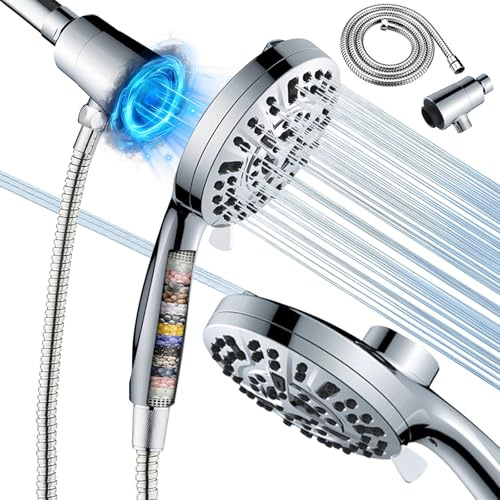 Aquadalus High Pressure Magnetic Shower Head with Handheld - Filtered Shower Heads with Hand Held Spray - 10 Modes Shower Head with 6 ft. Hose - Anti-Clog Nozzles,Bracket Brass Ball Joint, Silver