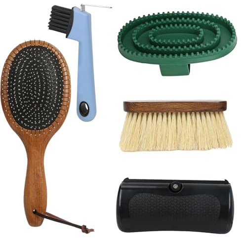 5-Piece Equine Grooming Set, Hoof Brush, Tail Comb, Hair Scraper, Body and Face Brushes, Ideal for Horse Care