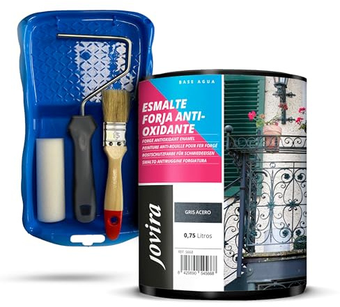 JOVIRA PINTURAS Esmalte Forja Antioxidante al Agua + Minicubeta, Rodillo Espuma, Varilla y Paletina. (750 Mililitros, Gris Acero) E-56-K