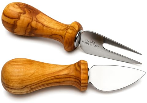 Figura Santa Käsemesser-Set, Käsebesteck handgefertigt (inkl. Käsegabel) 2-teilig, Olivenholz-Griff, Premium Edelstahl, Made in Italy