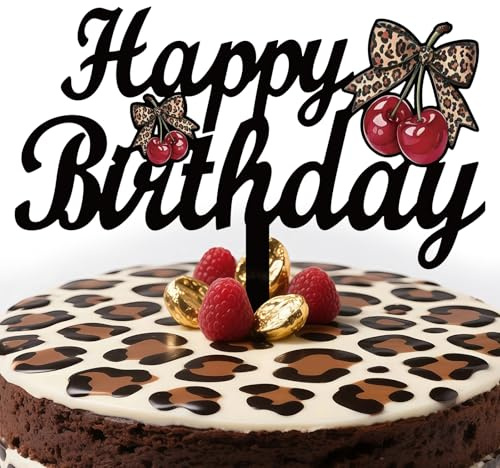 Cheetah Cherry Birthday Acrylic Cake topper, Leopard Happy Birthday Cake topper with Red and Black Cheetah Print, Safari Animal Birthday Party Decor Sulpplies for Girls Wome