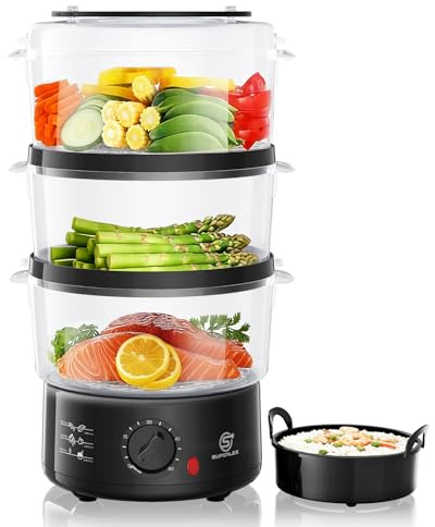 SUPERLEX Dampfgarer Elektrisch Steamer 550W Pot 3 Etagen Dampfkocher Mit Reisschale 60 Minuten Timer 7,5L Gesamtkapazität Gesundes Kochen Transparenter Deckel Kompakt Für Gemüse Fisch Reis Fleisch
