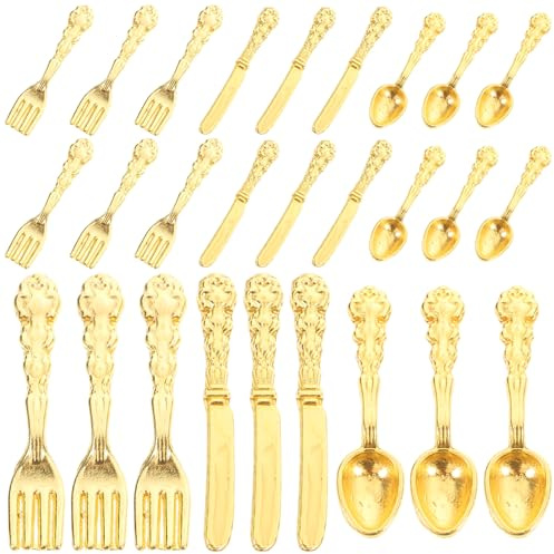 WOONEKY Set di Stoviglie per Casa delle Bambole 12 Pezzi Mini Posate in Lega Dorata Accessori per Gioco e Modellismo Utensili da Cucina in Miniatura per Tavolo da Pranzo Giocattolo