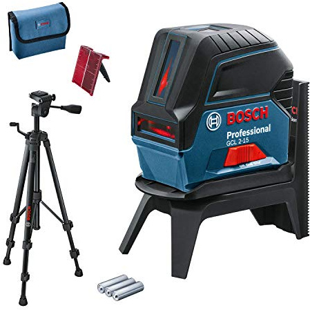 Bosch Professional korslinjelaser GCL 2-15 (röd laser, inomhus, med lottpunkter, arbetsområde: 15 m, 3 x AA-batterier, roterande hållare RM 1, lasermåltavla, skyddsväska, stativ BT 150)