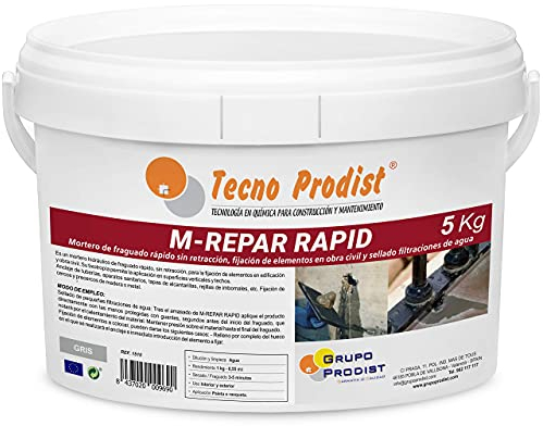 M-REPAR RAPID de Tecno Prodist - (5 Kg) Mortero de fraguado rápido sin retracción, fijación de elementos en obra civil y sellado de filtraciones de agua. Color Gris