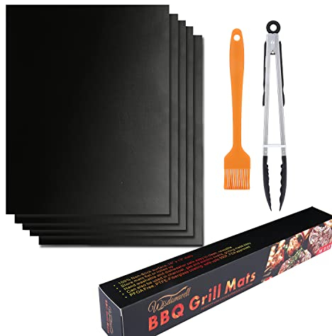 WISDOMWELL BBQ Grill Mat Set of 5 Non Stick Teflon Barbecue Baking Mats for Charcoal, Gas or Electric Grill - Heat Resistant, Reusable and Easy to Clean Free 12 BBQ Tongs and Silicone Brush