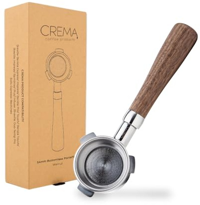 CREMA Coffee Products 54mm Bottomless Naked Portafilter | Compatible with 54mm Breville Machines | Includes Double Shot Filter Basket | Walnut