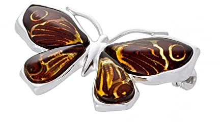 AMBEDORA Damenbrosche, Poliertes Sterling Silber, Baltischer Bernstein, Silberne Nymphalidae Schmetterlingsbrosche mit geschnitztem Bernstein