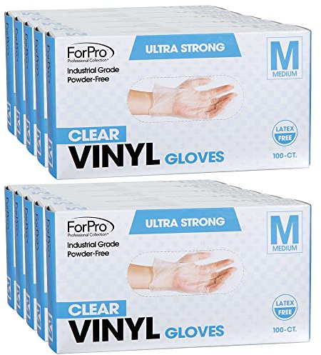 ForPro Disposable Vinyl Gloves, Clear, Industrial Grade, Powder-Free, Latex-Free, Non-Sterile, Food Safe, 2.75 Mil. Palm, 3.9 Mil. Fingers, Medium, 100-Count (Pack of 10)
