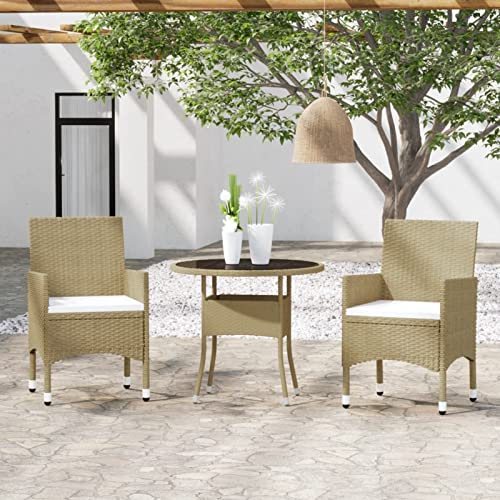 Tidyard 3-TLG. Garten Essgruppe, Polyrattan Balkon Set 2 Personen — Tisch mit Glasplatte & 2 Stühlen — Wetterfeste Balkonmöbel — Beige