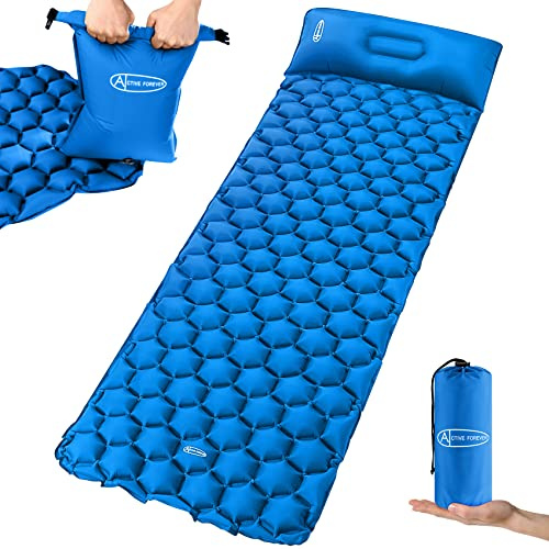 ACTIVE FOREVER Inflatable Camping Mat, Ultralight Sleeping Mat with Pillow and 20L Pump Bag, Waterproof Air Mattress Single Pad Bed for Outdoor Backpacking Hiking Beach, Blue
