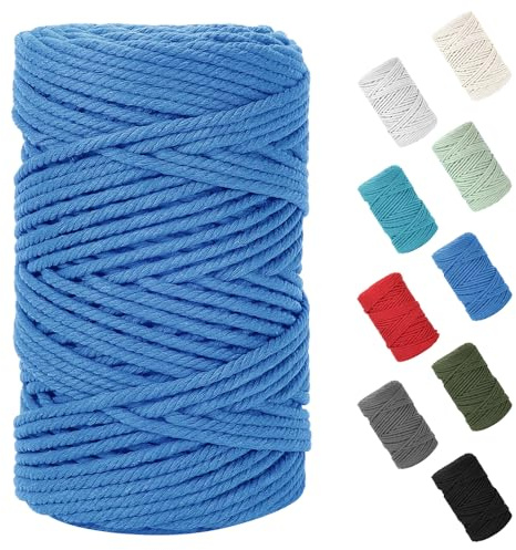 Macrame Cord 5mm x 109Yards (328Feet), Natural Cotton Macrame Rope - 4 Strands Twisted Macrame Cotton Cord for Wall Hanging, Plant Hangers, Crafts, Gift Wrapping and Wedding Decorations, Lake Blue