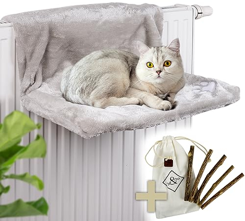 ne&no KATZENBETT FÜR HEIZUNGEN inkl. 5 Matatabi Sticks | KUSCHEL HEIZUNGSBETT | passend für alle Heizkörper | Katzenhängematte für Heizungen, | Schadstoff-frei | mit entfernbarer Einlage (Hell - Grau)