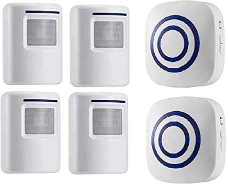 HommyFine rörelsesensor, larmdetektor, trådlös besökare, dörringång, klockalarm med PIR-rörelsesensordetektor och plugin-mottagare för företag, hemmakontor eller butik (4sensorer + 2 mottagare)