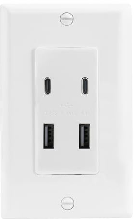 BAOMAIN 1-Pack USB Outlet Wall Plate, 4.8A 4-Port (2 USB-A & 2 USB-C) Charger Receptacle, UL Certified Electrical Outlet, Fast Charging Socket for Bedroom, Kitchen, Office – White