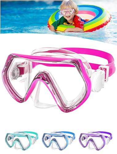 Taucherbrille Kinder, Schnorchelmaske Kinder 4-10 Jahre, Tauchmasken mit Silikon-Nasenabdeckung, Schwimmbrille Kinder 180°Panorama-HD-Gehärtetes-Glas Tauchmasken mit Verstellbarem Silikonband (Rosa)