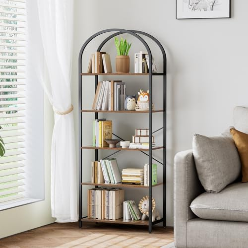 Homhedy 5-Tier Arched Bookshelf, Display Racks, Tall Book Shelf, 62.2 H