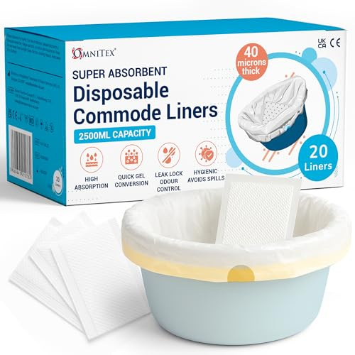 20pk Omnitex Super High Absorption Commode Liners 2500ml, Bed Pan Liners with 80% SAP granules gel conversion pad | Strong Adult Portable Toilet Bag with drawstring and SAP Pad | CE & UKCA certified