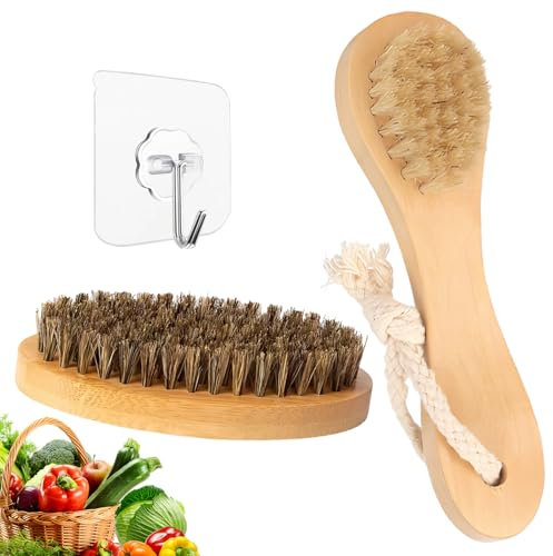 TenaLucy 2 Pièces Brosse À Légumes en Bois,Brosse À Pommes de Terre Brosse Vaisselle Bois Brosse À Pot de Poils Brosses À Récurer pour Plats Fruits et Légumes,pour Pommes de Terre,Carottes