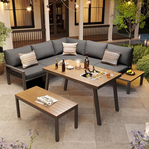 KUAKE Lounge Set, Gartenmöbel Set Essgruppe für 6-7 Personen, Outdoor Sitzgruppe mit Ecksofa, Esstisch und 1 Hocker, Garten Sofa mit Kissen für Garten, Terrasse, Tischplatte mit Eiskübel