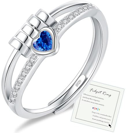 Anti Stress Ring Anxiety Ringe mit Perlen für Damen Silber 925 Herz Ring mit Zirkonia Angstring Offen Verstellbar Spinner Fidget Ringe Frauen Hypoallergen Stimmungsring gegen Stress Unisex-Dunkelblau