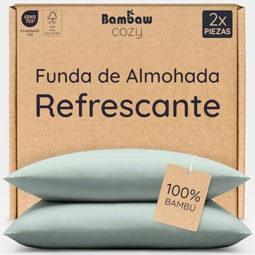 Bambaw Fundas Almohada 80x80 cm Bambú, Pack de 2, Sabanas Refrescantes y Enfriadoras, Sábanas Antiácaros y Antibacterianas, Sabana Bambu Antiacne, Funda Almohada Bambu (Verde Agua)
