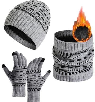 JFAN Set Cappello Sciarpa e Guanti Touch Screen in Maglia in Pile Unisex | Berretto Beanie con Fodera in Pile a Sciarpa e Guanti 3 Pezzi Termici Inverno Uomo Donna