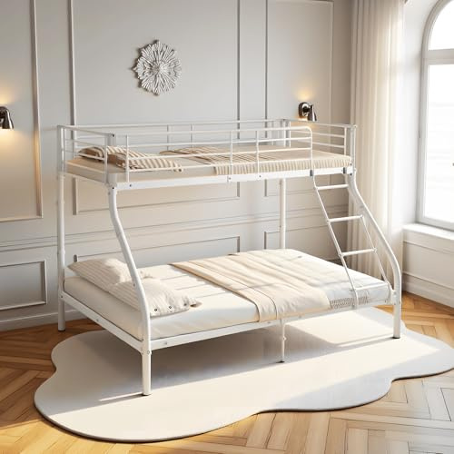 DORAFAIR Letto a Castello a 3 Posti con Barriera Sponda Anticaduta e Scaletta Letto per Cameretta 200 x 140/90 cm in Metallo - Bianco
